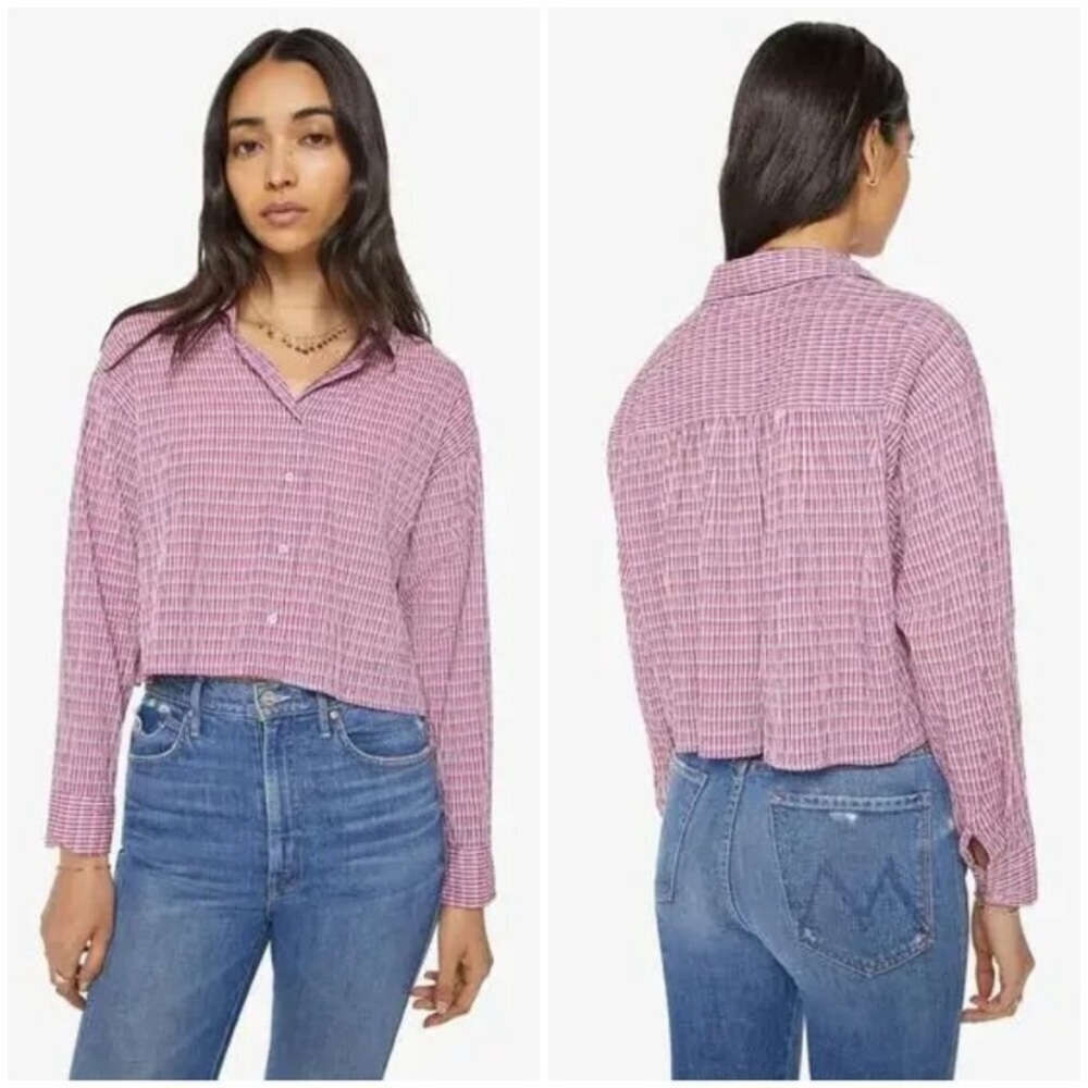 Xirena Dawson Crop Button-Front Shirt Women's L Plaid Coral Cove Crinkled Cotton